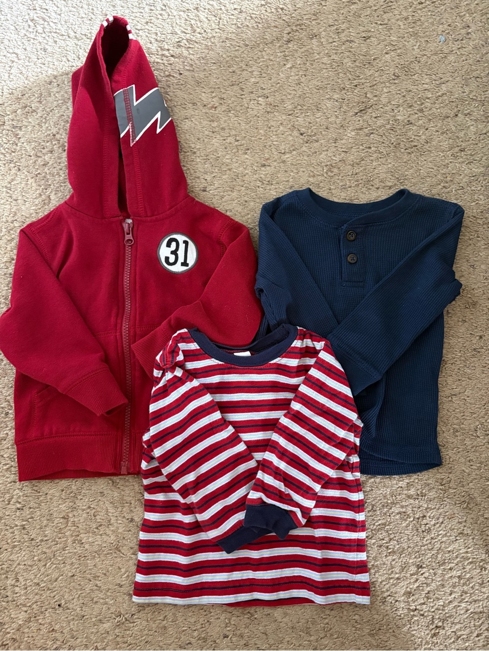 12 month Kids Red Hooded Zip Jacket and 2 shirts